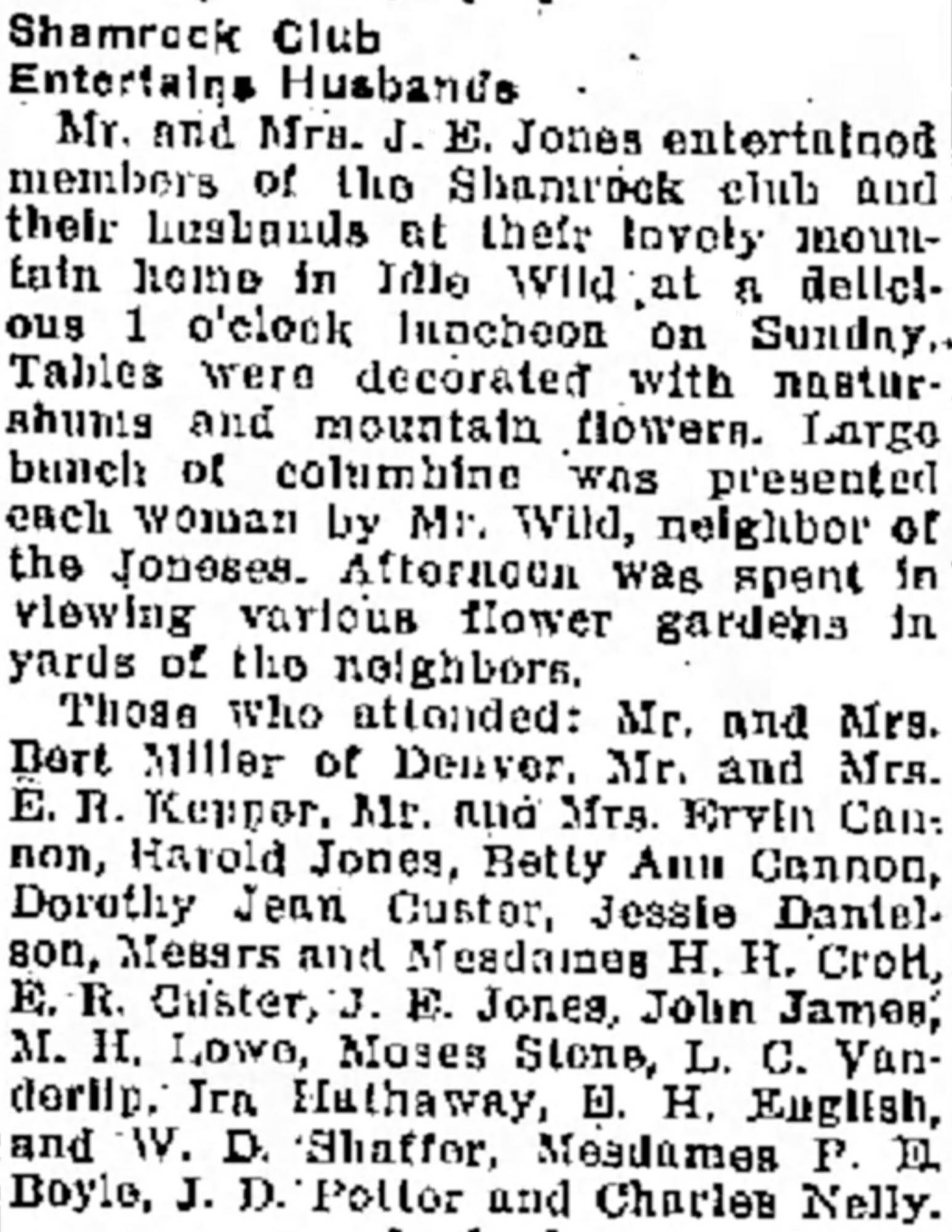 Idlewild Lodge - idlewildlodge.github.io - 1933-06-19 - Greeley Daily Tribune - Shamrock Club At John Jones Home