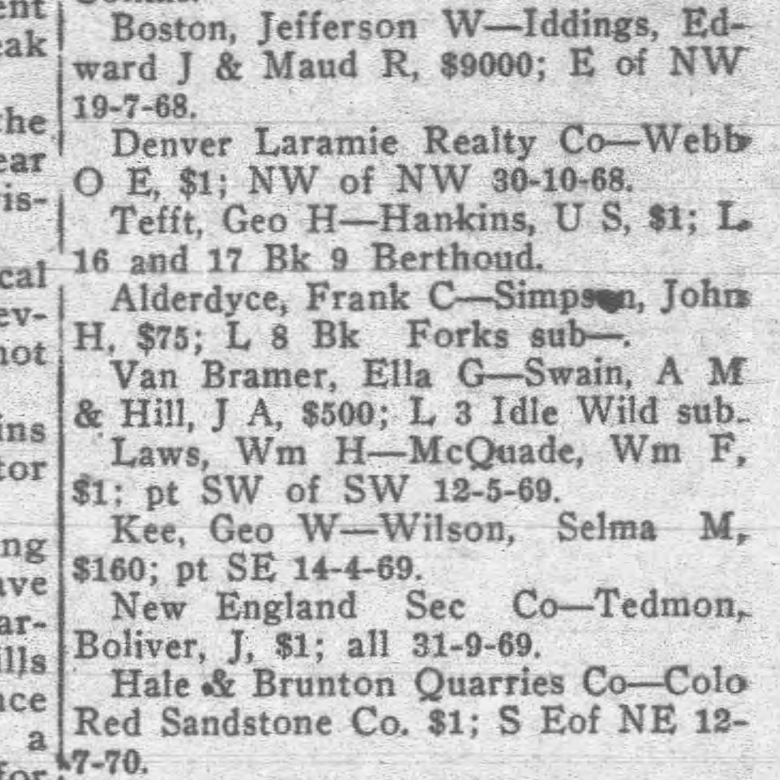 Idlewild Lodge - idlewildlodge.github.io - 1911-05-18 - The Fort Collins Express - Ella Van Bramer sells Idlewild to AM Swain and JA Hill