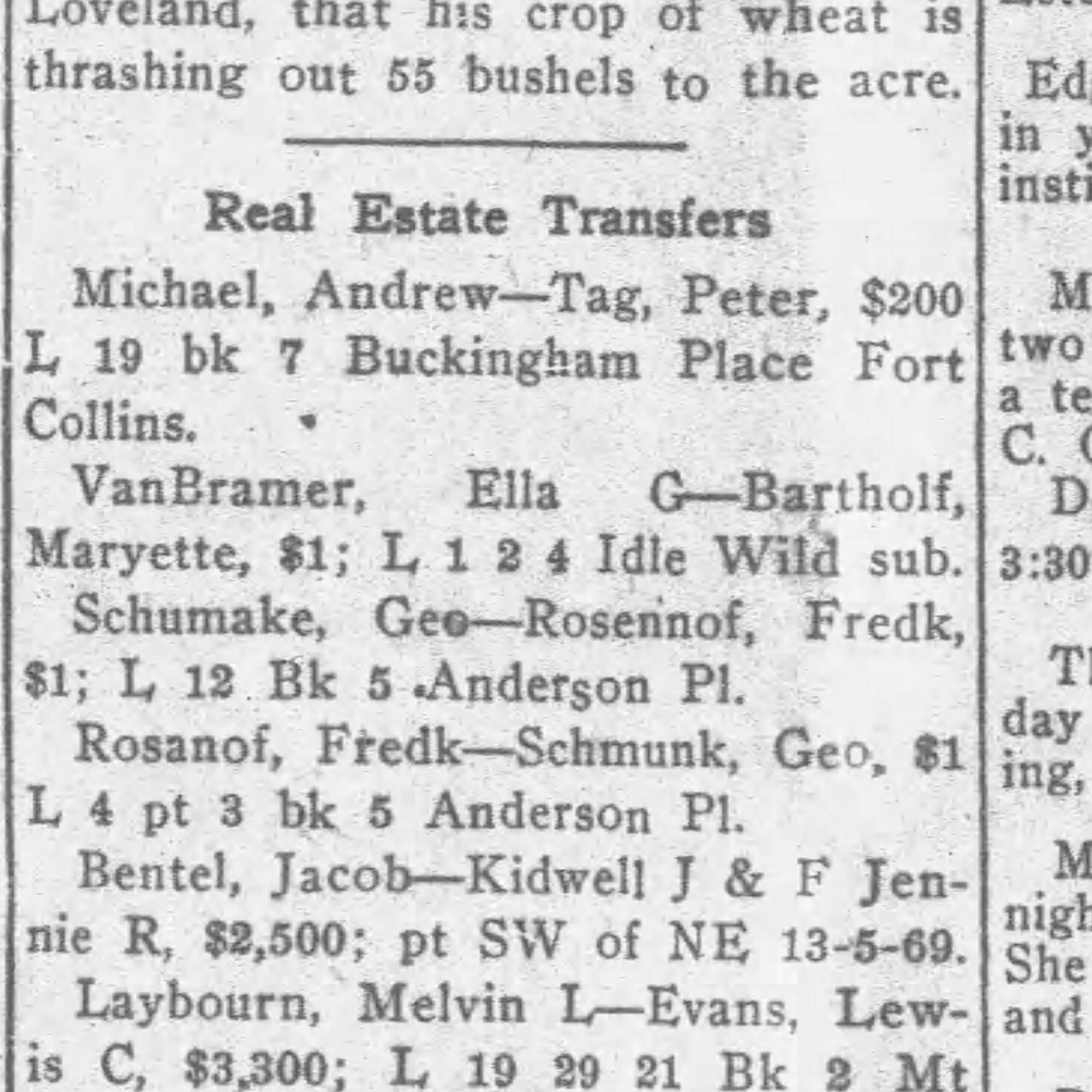 Idlewild Lodge - idlewildlodge.github.io - 1911-08-03 - The Fort Collins Express - Ella Van Bramer sells Idlewild to Schumaker