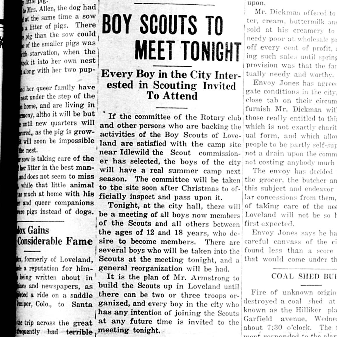 Idlewild Lodge - idlewildlodge.github.io - 1921-12-22 - Loveland Reporter - Boy scouts at Idlewild