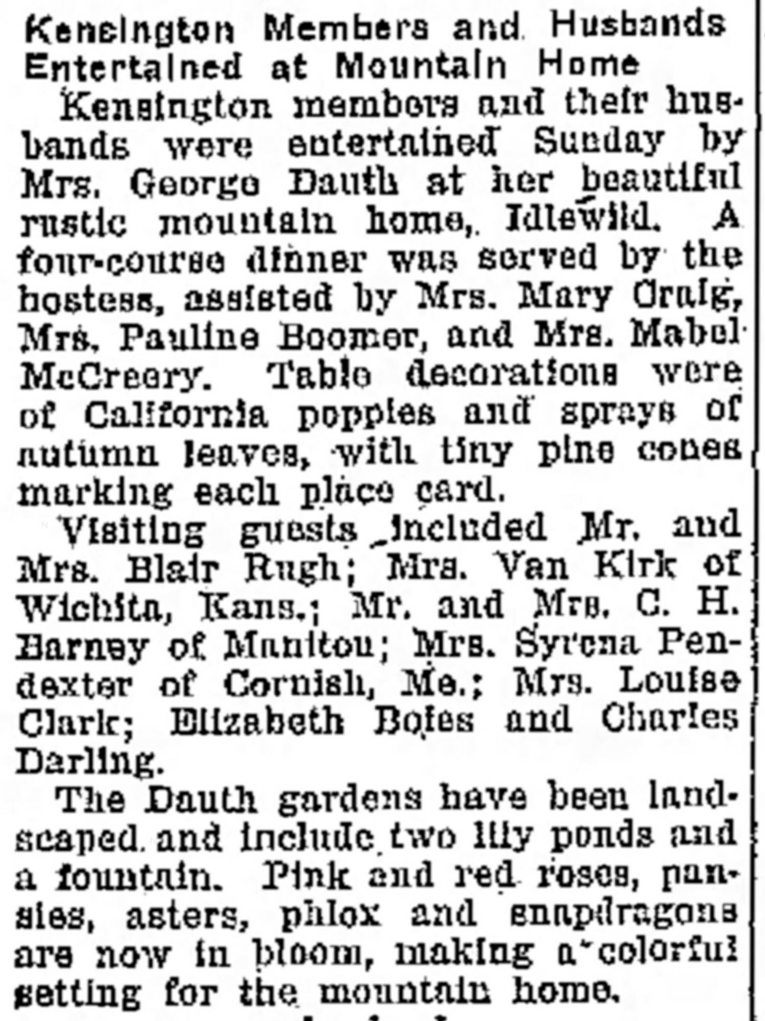 Idlewild Lodge - idlewildlodge.github.io - 1929-09-24 - Greeley Daily Tribune - Florence Dauth Hosting Kensington Club At Idlewild
