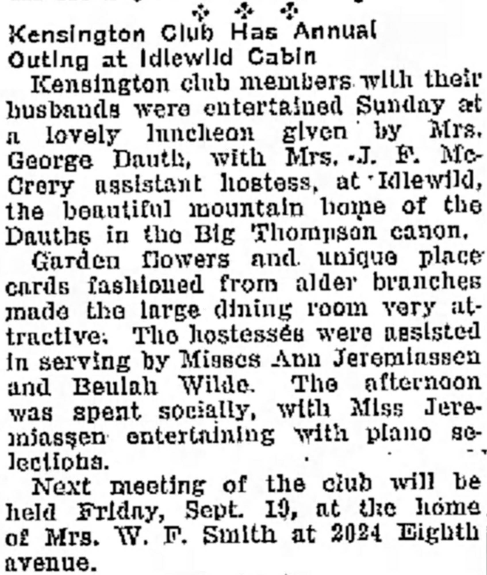 Idlewild Lodge - idlewildlodge.github.io - 1930-09-11 - Greeley Daily Tribune - Florence Dauth Hosts Kensington Club At Idlewild