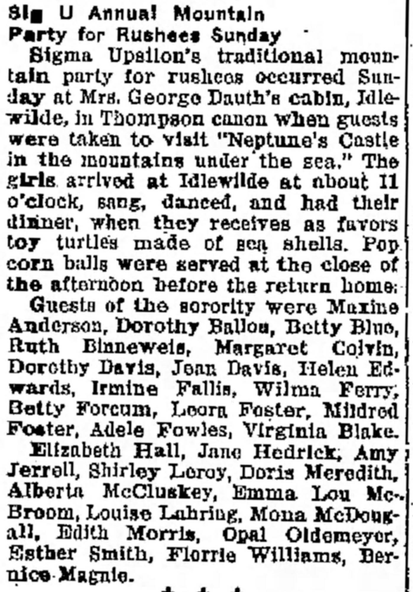 Idlewild Lodge - idlewildlodge.github.io - 1931-10-12 - Greeley Daily Tribune - Florence Dauth Hosts Sig U at Idlewild Lodge