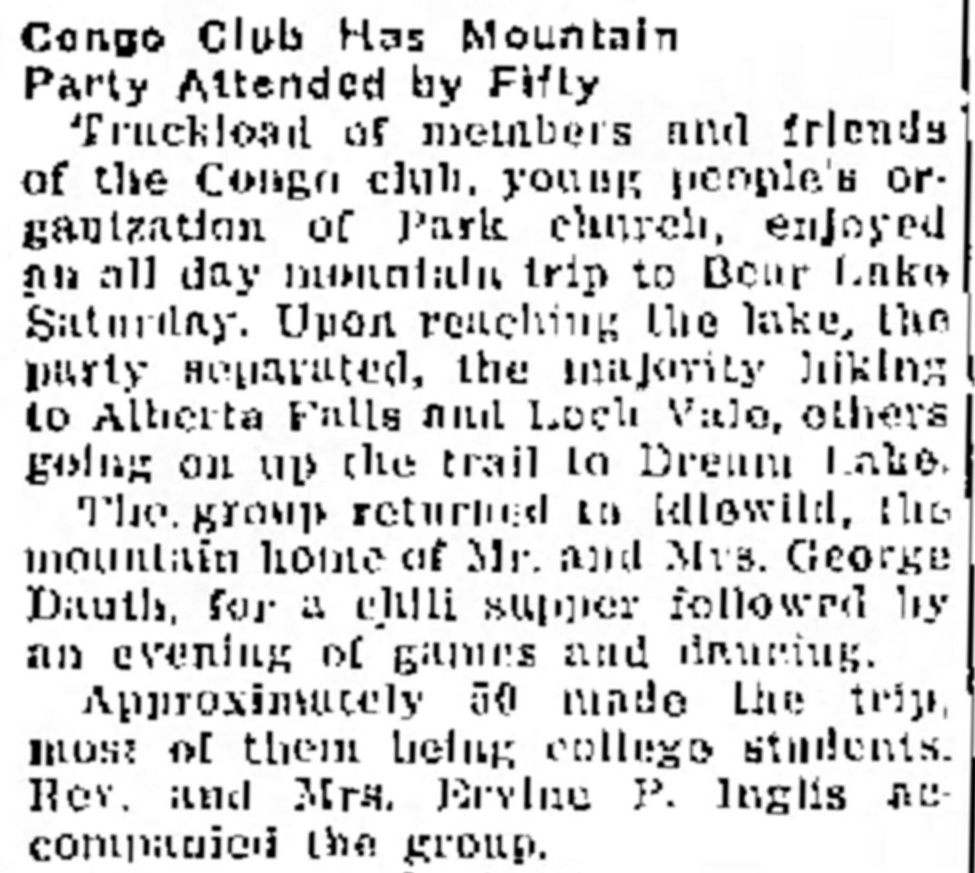 Idlewild Lodge - idlewildlodge.github.io - 1934-10-16 - Greeley Daily Tribune - Congo Club at George Dauths Idlewild Lodge