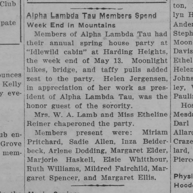 Idlewild Lodge - idlewildlodge.github.io - 1927-05-19 - The Mirror - Alpha Lambda Tau at Harding Heights