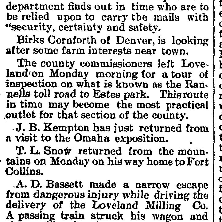 Idlewild Lodge - idlewildlodge.github.io - 1898-10-13 - Fort Collins Courier - Rannells Toll Road