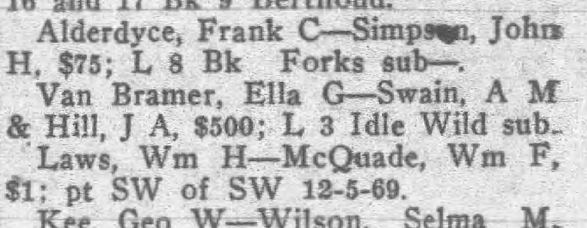 Idlewild Lodge - idlewildlodge.github.io - 1911-05-18 - The Fort Collins Express - Ella Van Bramer Sells Idlewild Lot 3 to AM Swain and JA Hill