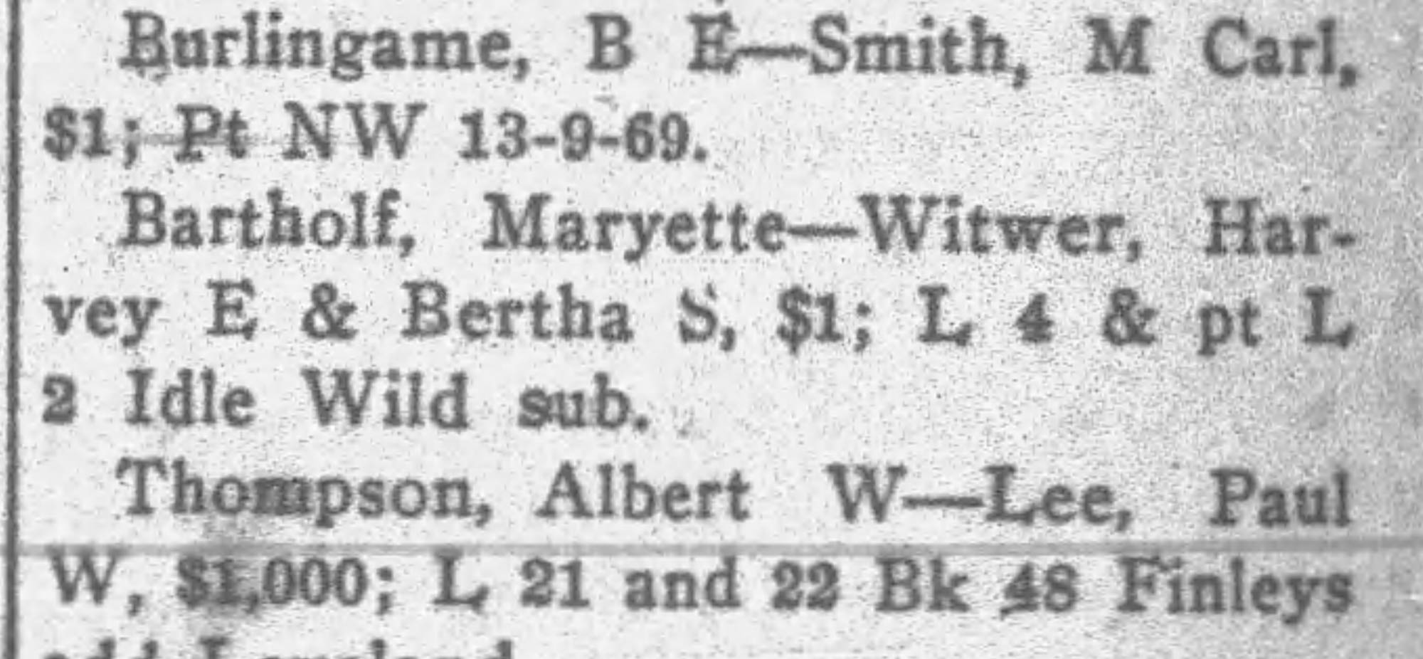 Idlewild Lodge - idlewildlodge.github.io - 1911-10-12 - The Fort Collins Express - Mary Bartholf Sells Idlewild Lot 4 and 2 to Harvey Witwer