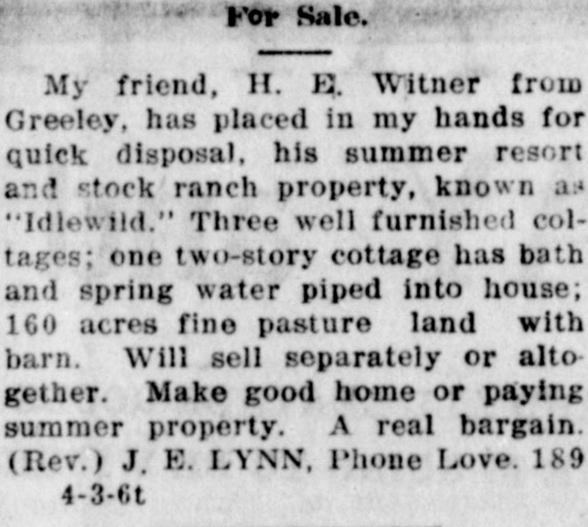 Idlewild Lodge - idlewildlodge.github.io - 1918-04-04 - Loveland Daily Herald - Harvey Witwer Puts Idlewild For Sale