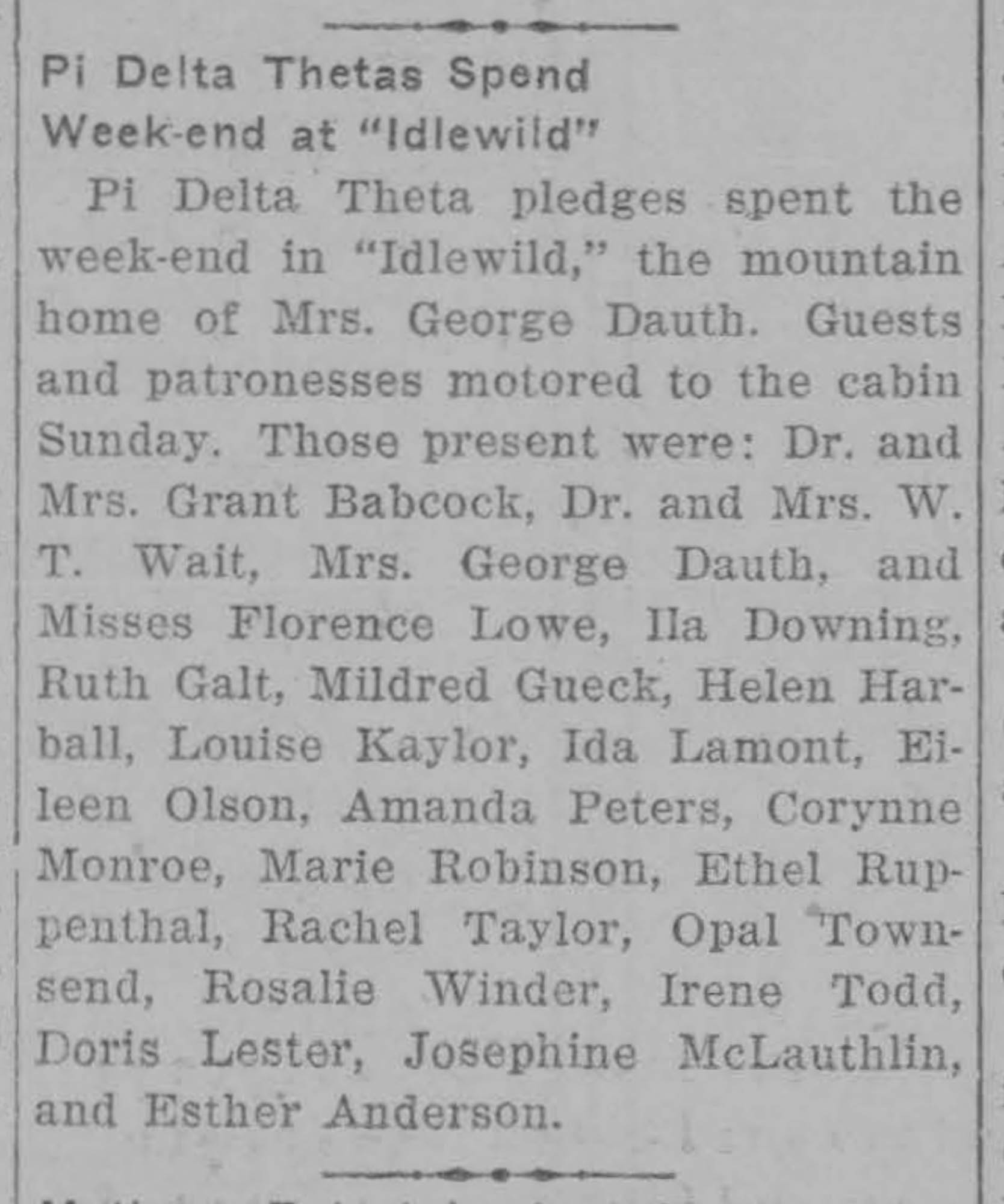 Idlewild Lodge - idlewildlodge.github.io - 1929-05-16 - The Mirror - Florence Dauth and Pi Delta Theta at Idlewild Lodge