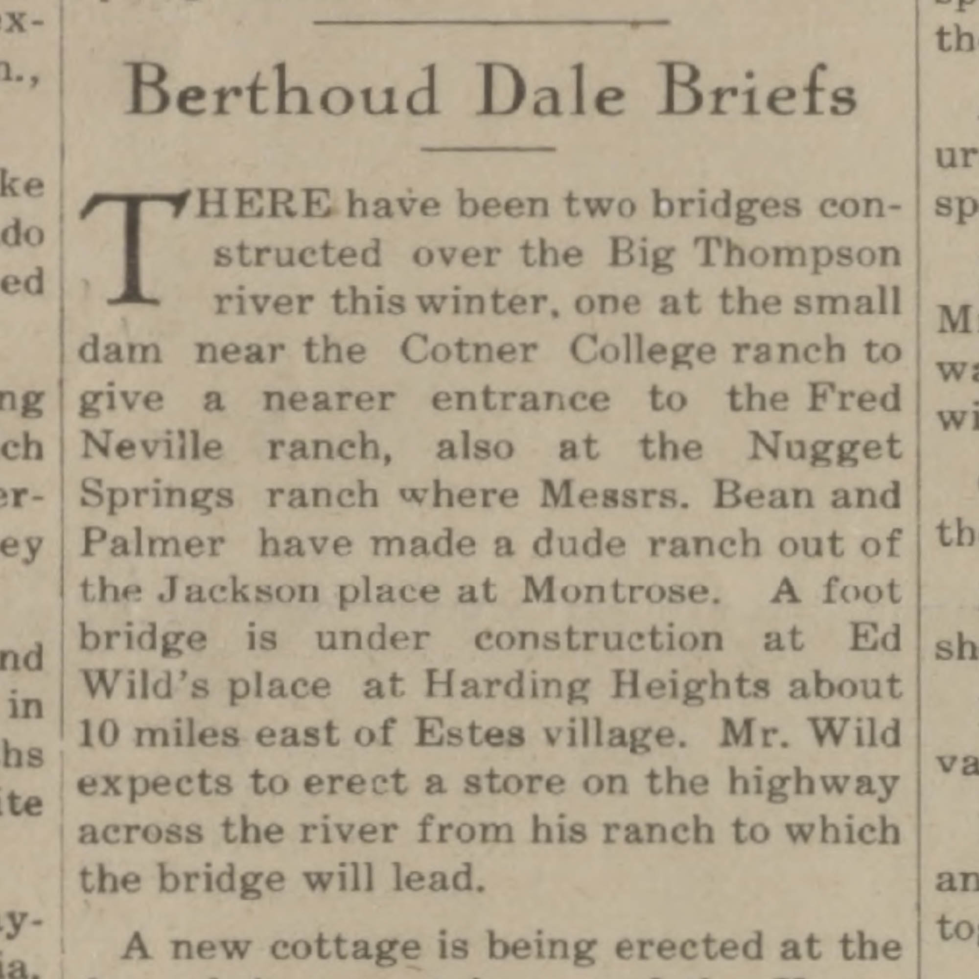 Idlewild Lodge - idlewildlodge.github.io - 1931-04-03 - The Estes Park Trail - Footbridge built at Ed Wilds Harding Heights