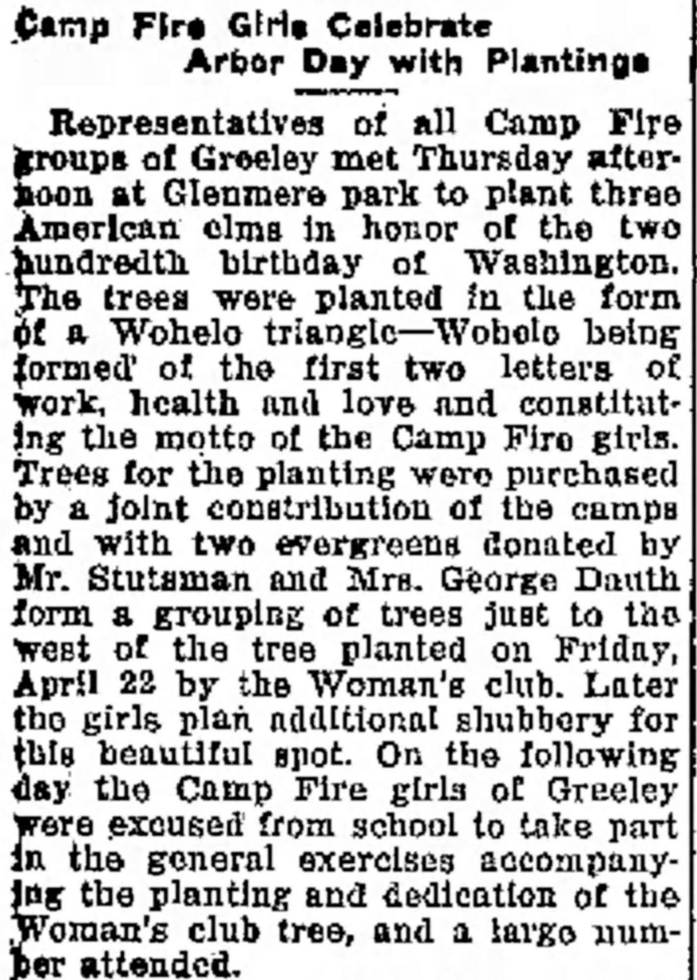 Idlewild Lodge - idlewildlodge.github.io - 1932-04-23 - Greeley Daily Tribune - Florence Dauth Planting Trees With Camp Fire Girls