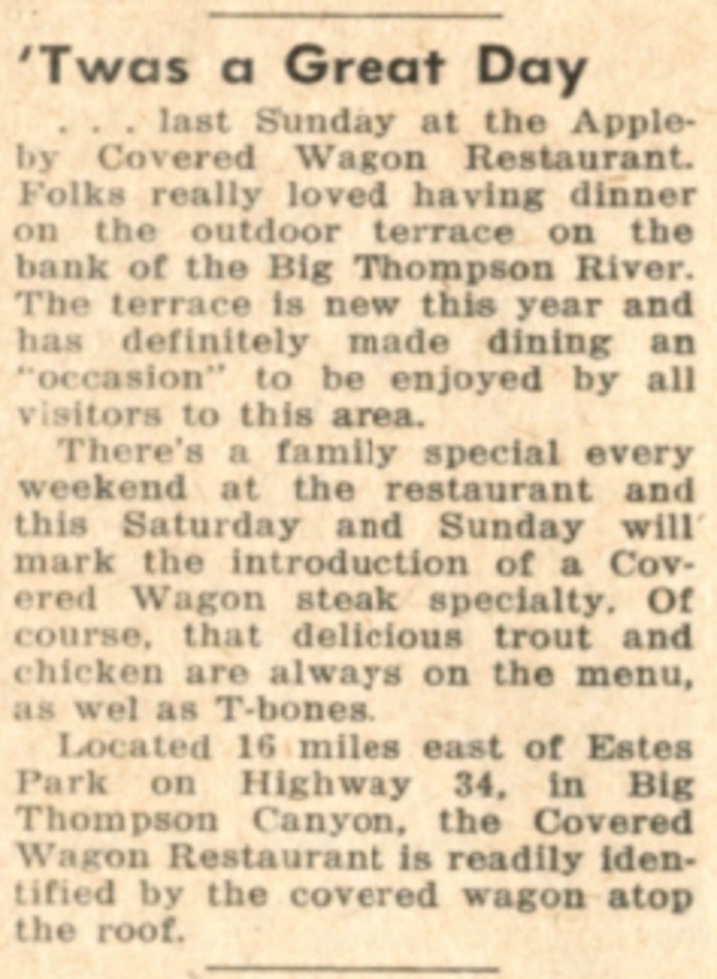 Idlewild Lodge - idlewildlodge.github.io - 1956-06-29 - The Estes Park Trail - Covered Wagon Restaurant Advertisement