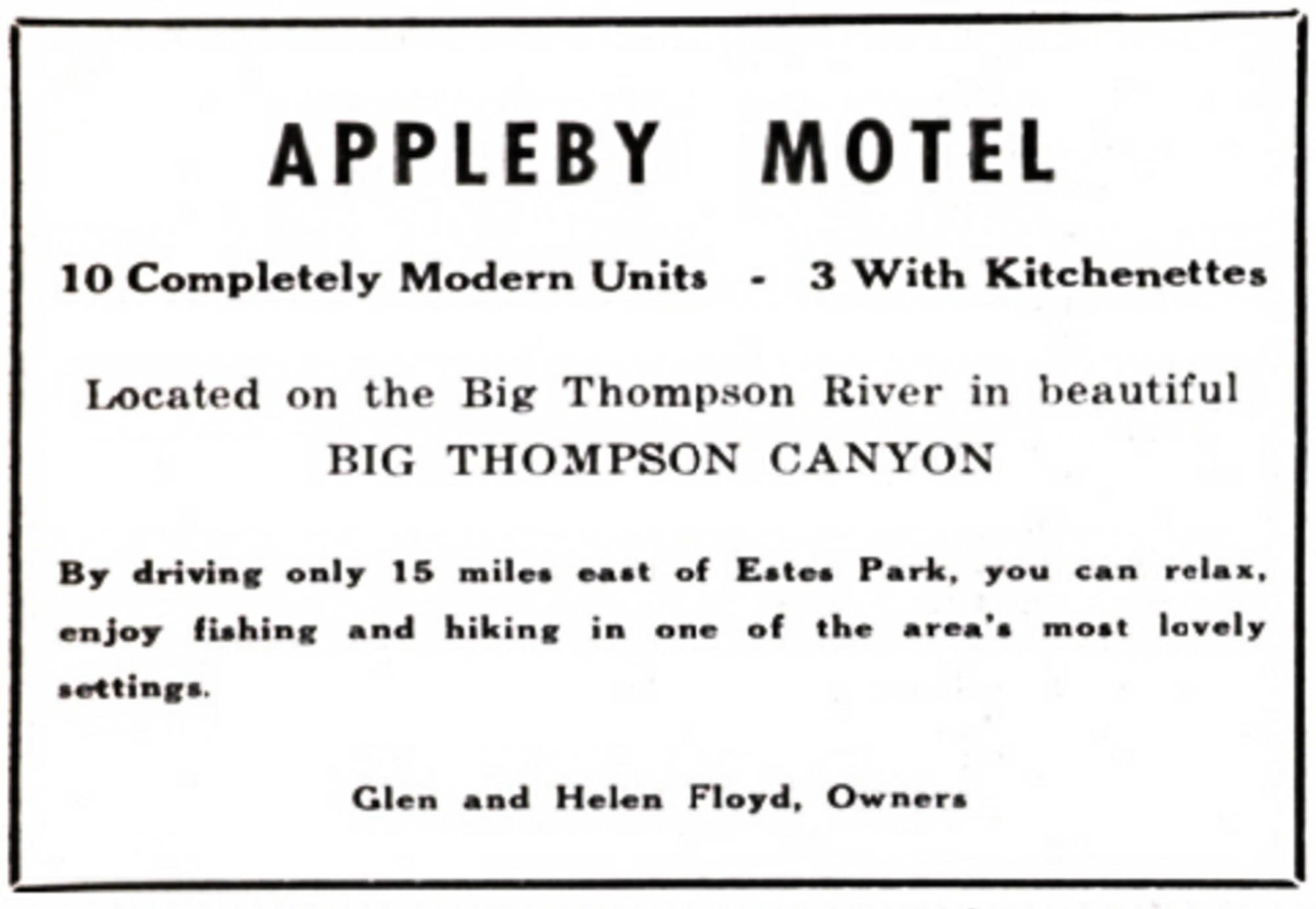 Idlewild Lodge - idlewildlodge.github.io - 1960-03-25 - The Estes Park Trail - Appleby Motel Advertisement