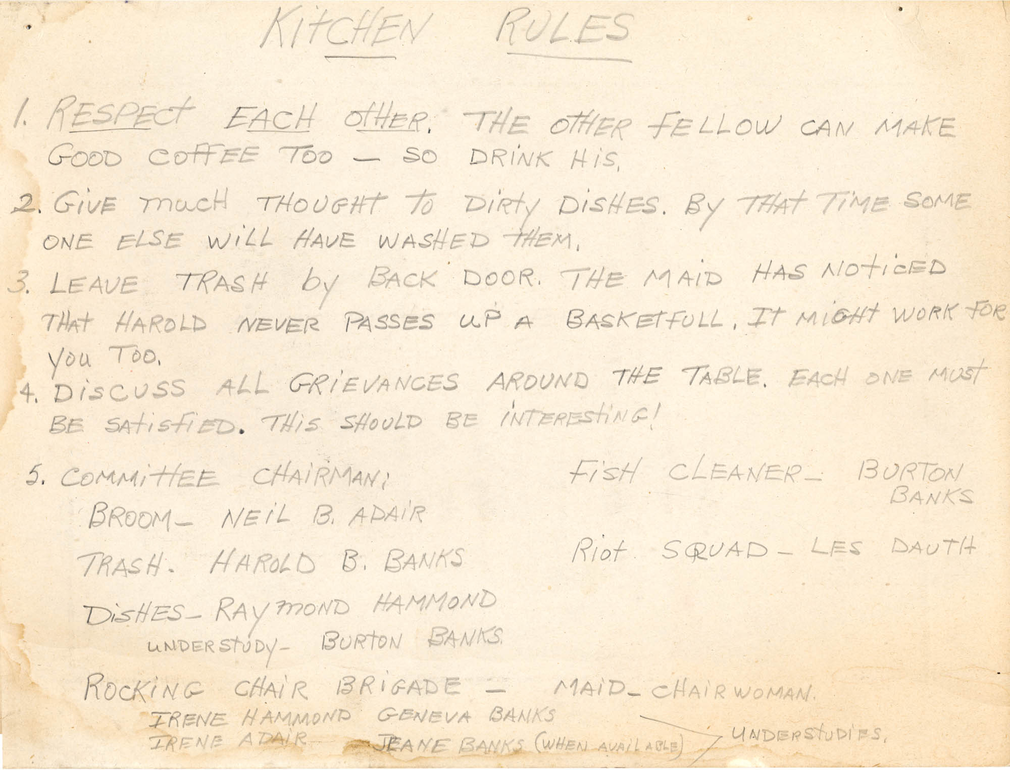 Idlewild Lodge - idlewildlodge.github.io - Circa 1950s - Idlewild Lodge Kitchen Rules